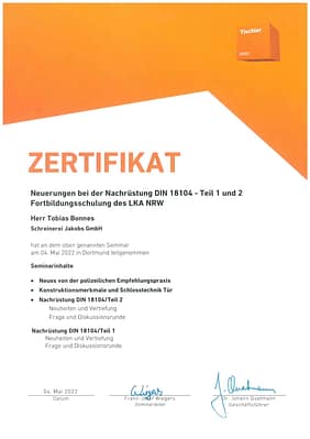 Zertifikat Fortbildungsschulung des LKA NRW Nachrüstung DIN 18104