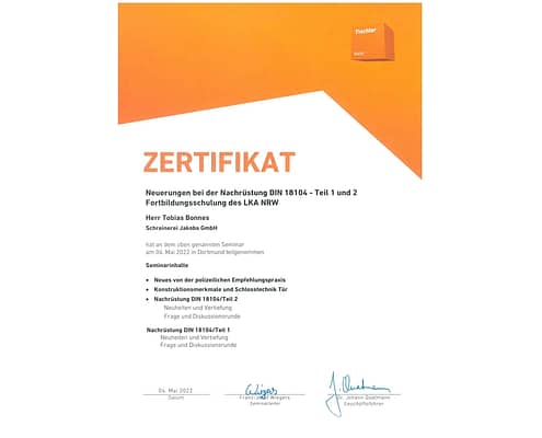 Zertifikat Fortbildungsschulung des LKA NRW Nachrüstung DIN 18104